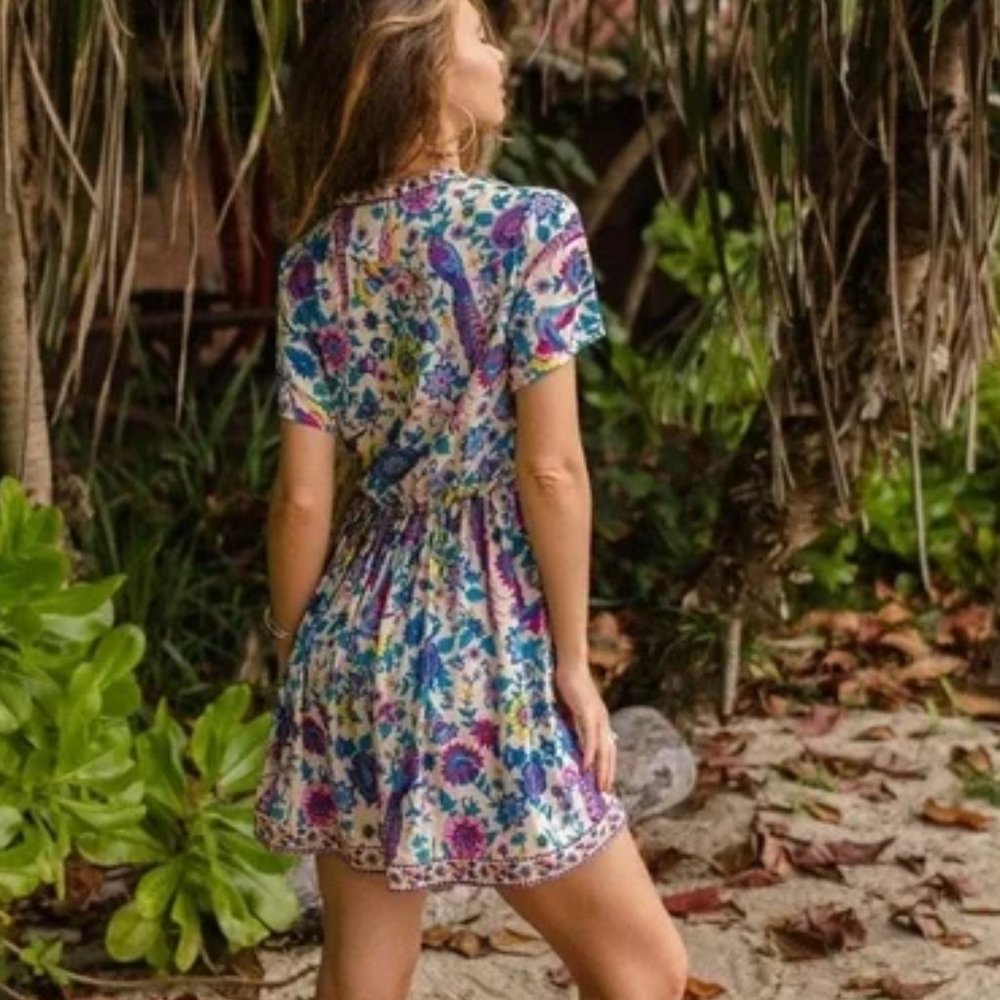 Mora Floral Bird Boho Mini Dress M - Picture 5 of 16